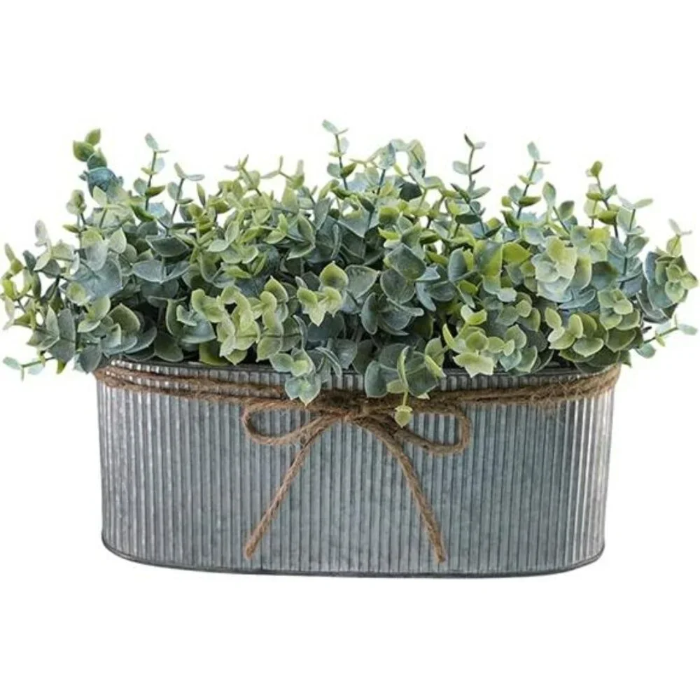 Artificial eucalyptus arrangement rustic galvanized planter farmhouse table deco